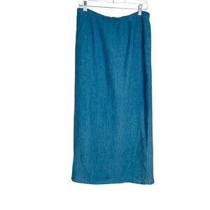 Vintage Timbuktu Station 100% Linen Skirt Womens 1/M Blue Pockets Pull On Maxi